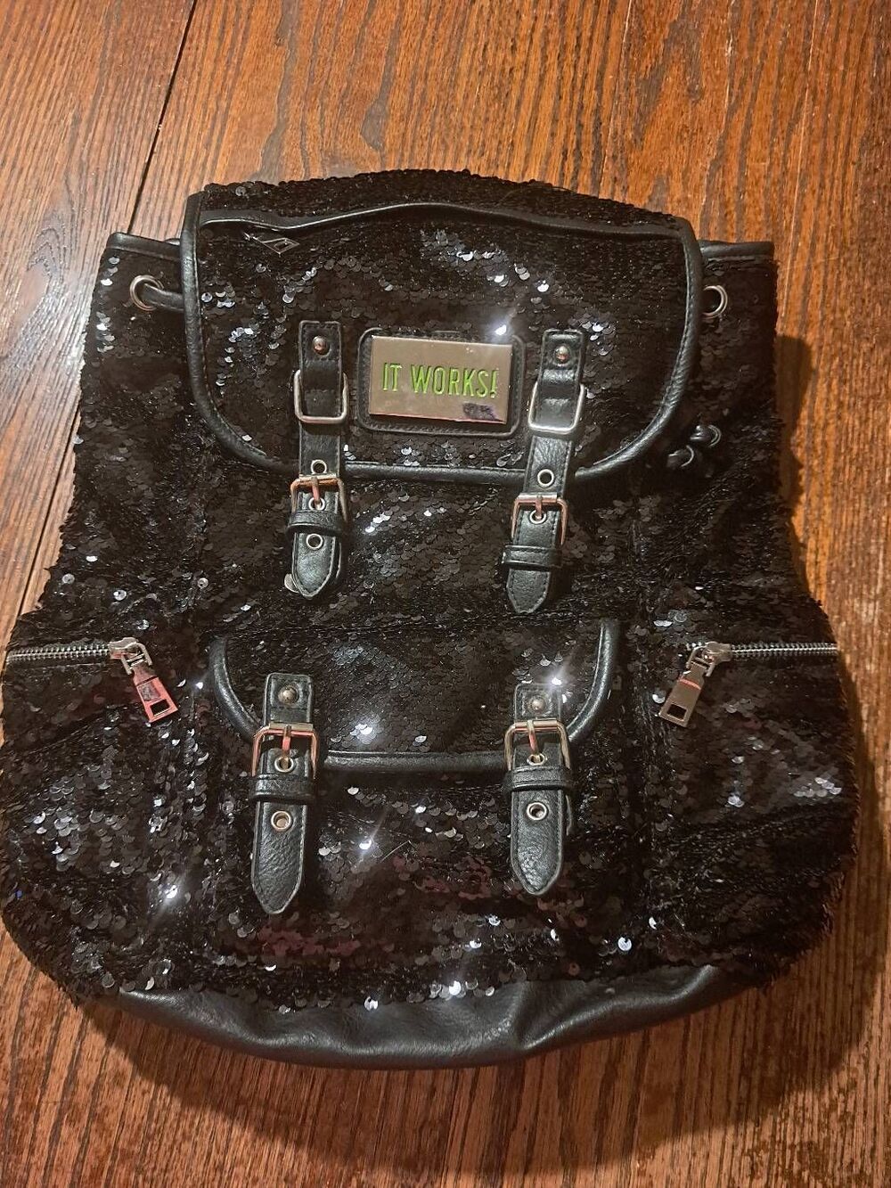 It Works Black Sequin Leather Adjustable Backpack Two Outer Side Compartments
